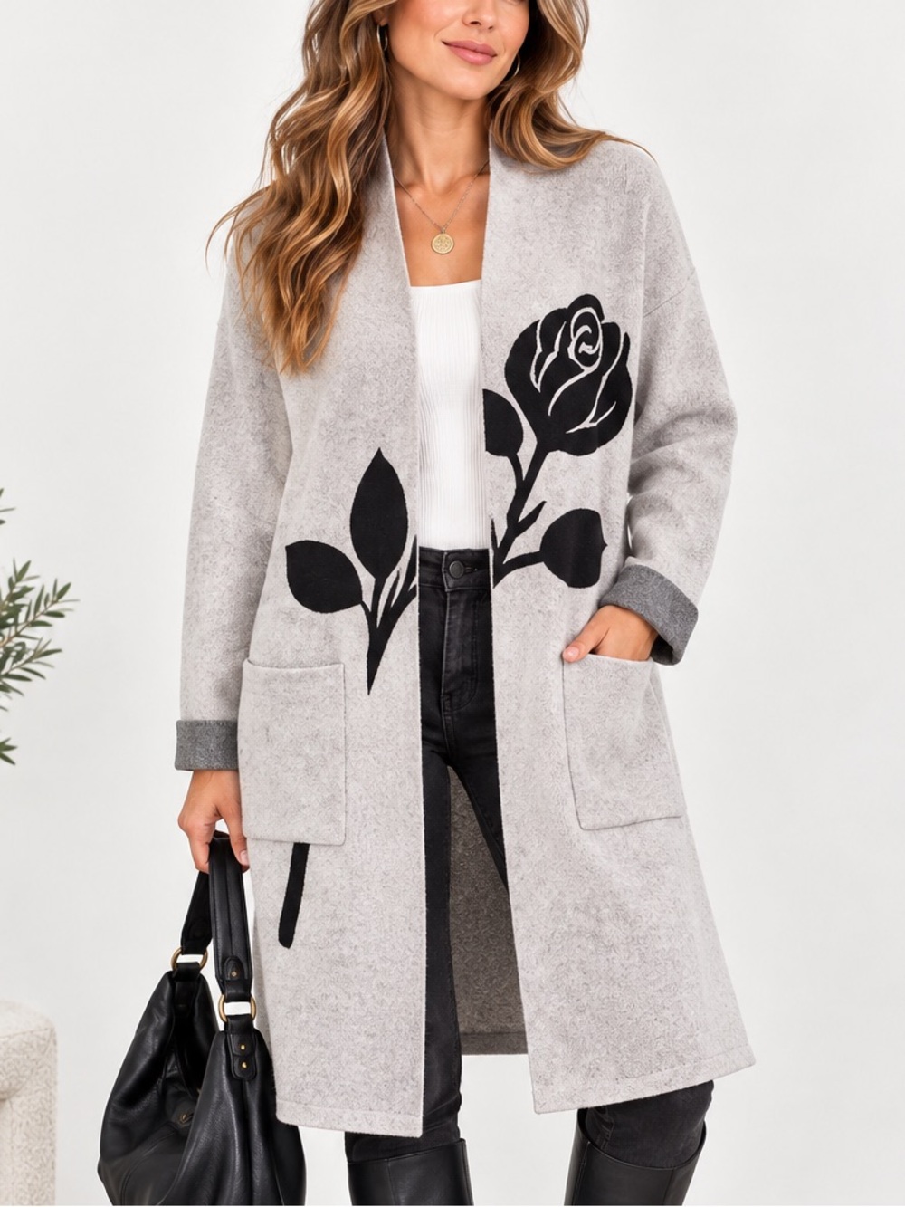 091.New Light Gray Open Front Cardigan Coat with Black Floral Detail